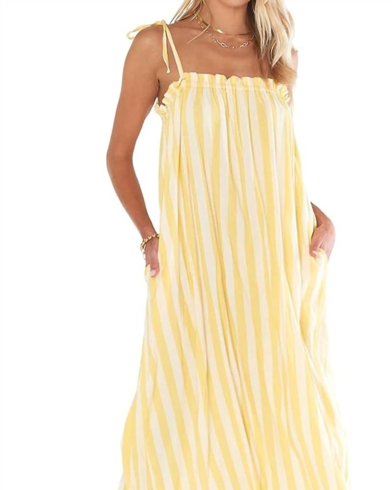Front of a model wearing a size XL Angel Maxi Dress in Sunny Stripe in Sunny Stripe by Show Me Your Mumu. | dia_product_style_image_id:339407